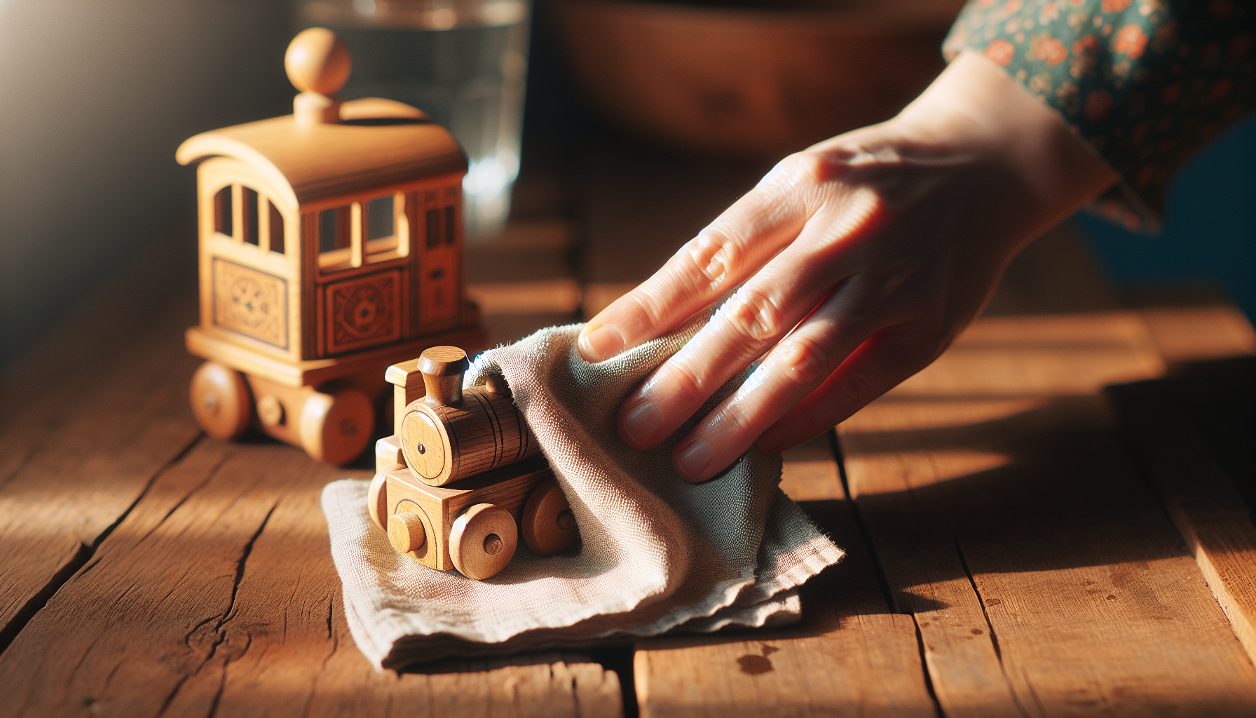 Gentle wiping with a damp cloth for wooden toys