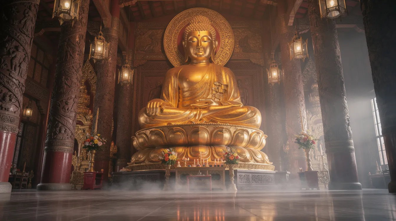 Uma imponente estátua de Buda dourado está situada dentro de um salão de templo ornamentado, refletindo a rica cultura da Tailândia. O ambiente é decorado com detalhes elaborados, simbolizando a espiritualidade e a história dos templos, como o Wat Phra Singh em Chiang Mai.
