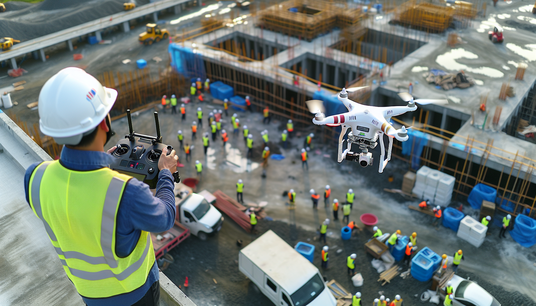 Drone capturing aerial images of a construction site for surveying and mapping