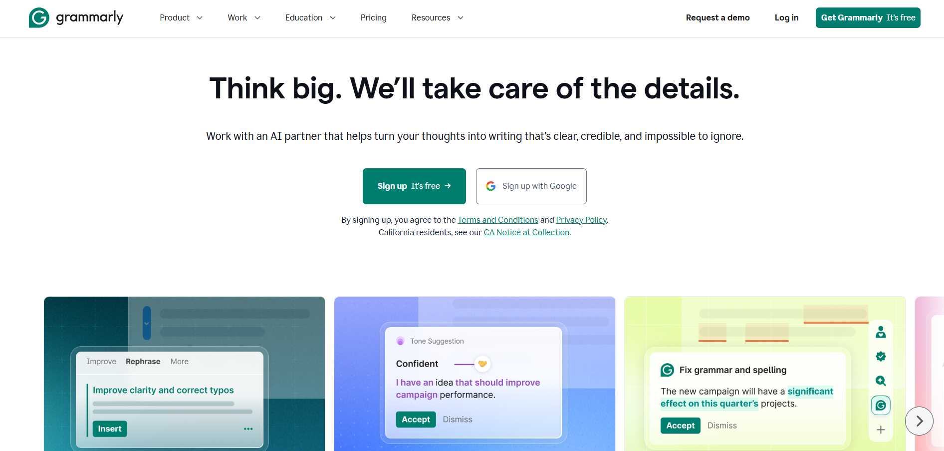 Grammarly AI writing assistant providing grammar checking, content rewriting, tone suggestions, and AI-powered writing enhancement for clear, polished content.