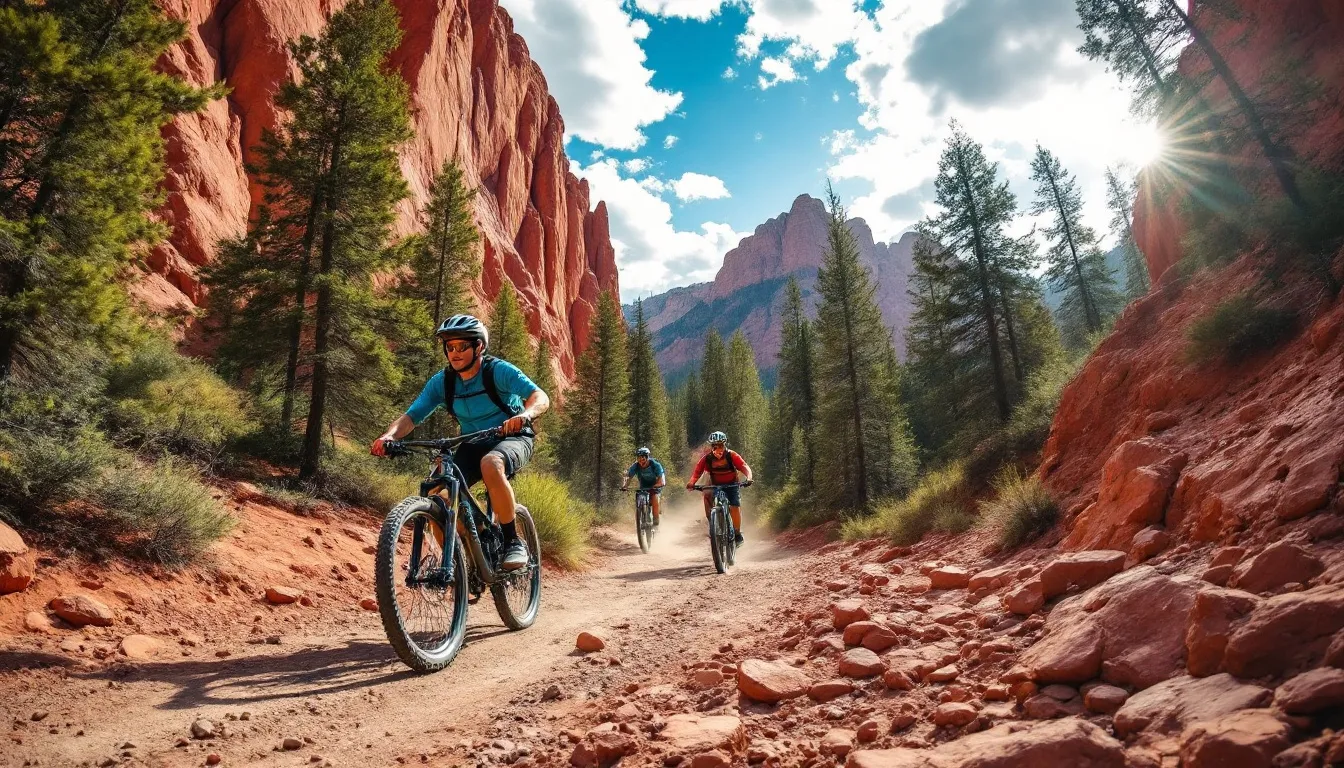 In this image, mountain bikers navigate through winding trails surrounded by striking red rock formations and lush pine forests, showcasing the natural beauty of southern Utah near Brian Head. The vibrant landscape highlights the adventurous spirit of outdoor activities in this great location.