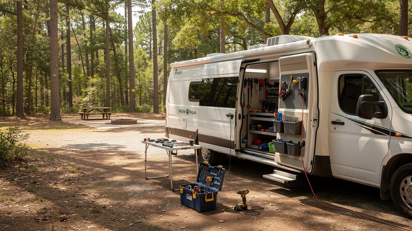 A mobile RV repair van is parked next to a travel trailer at a wooded campsite, with various tools visible outside, indicating a routine maintenance service for RV owners. The scene captures a professional setup where certified technicians are ready to assist with any repairs or inspections needed for the camper.