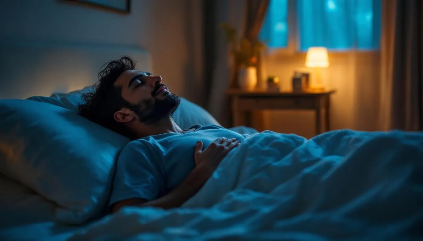 A person is lying comfortably in bed, demonstrating proper breathing techniques with their knees bent and feet flat on the mattress, promoting relaxation and enhancing sleep quality. Their body is aligned in a straight line as they practice mindful movement, breathing deeply to reduce stress and improve core strength.