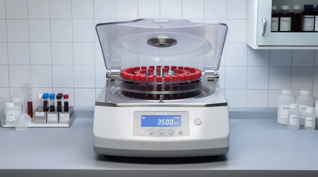 The image shows a centrifuge machine in a clean clinical setting, processing blood vials to separate components such as plasma and blood cells, which are often used in regenerative medicine treatments like platelet rich plasma (PRP) injections for knee pain relief. The sterile environment highlights the importance of safety and precision in medical procedures.