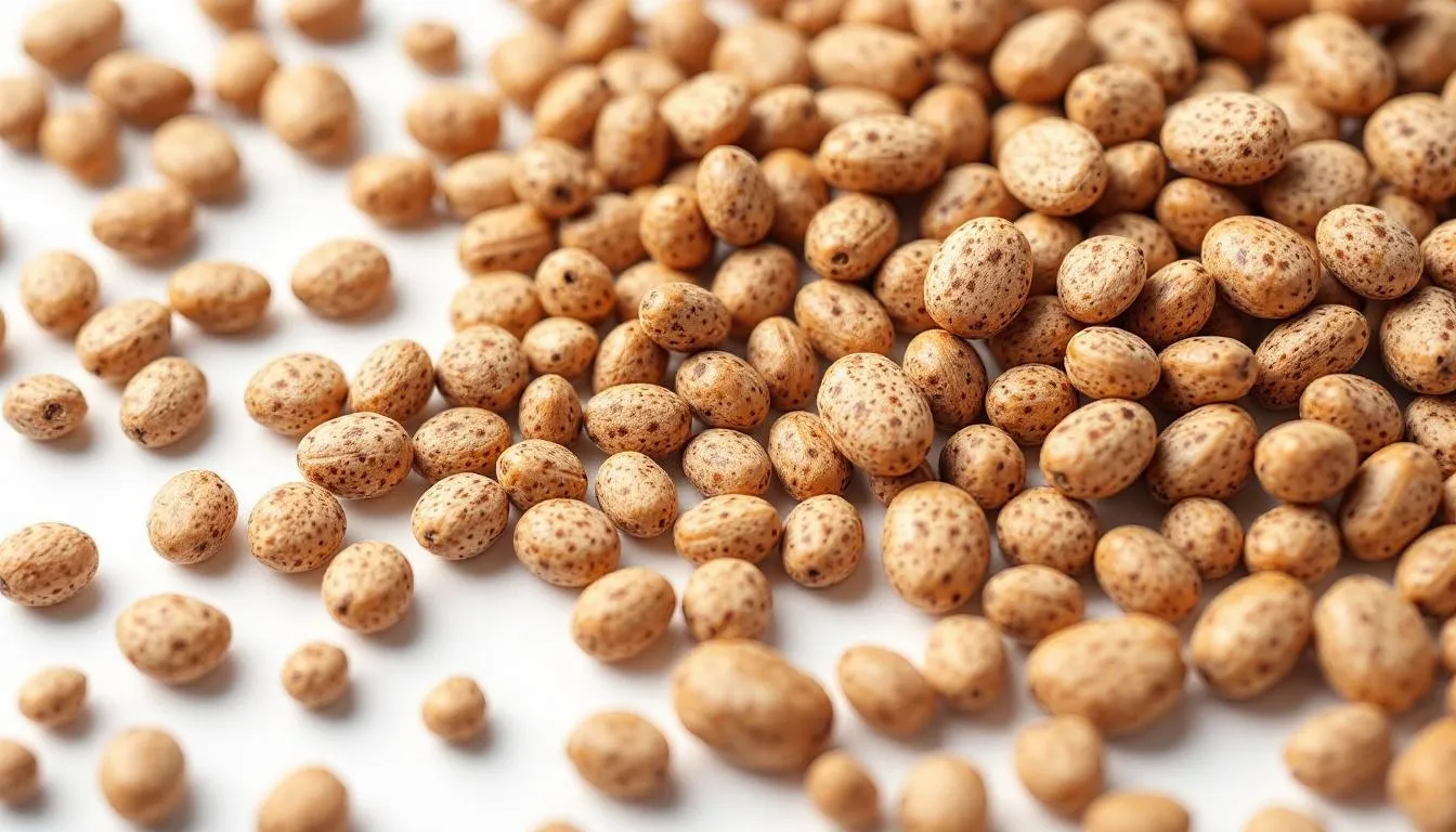 A close-up image showcases the natural brown speckled appearance of castor seeds and castor beans, highlighting their rich texture and unique coloration. These seeds are often associated with the production of castor oil, known for its moisturizing properties and benefits for hair health.