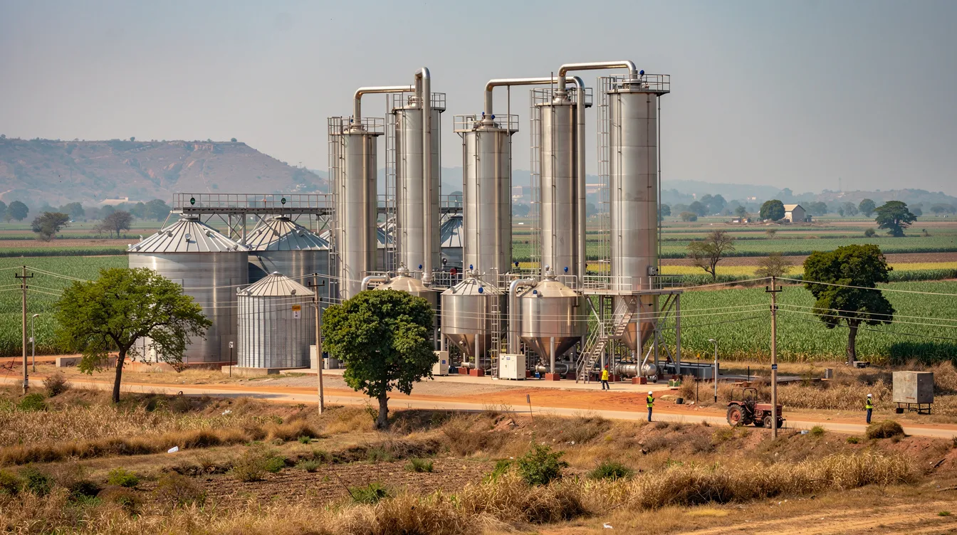 The image depicts a large industrial ethanol production plant set in a rural Indian landscape, featuring towering processing structures and grain silos. This facility illustrates the infrastructure necessary for ethanol production, highlighting its role in promoting environmental sustainability and reducing reliance on fossil fuels.