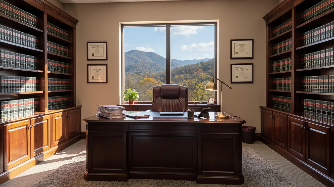 The image depicts a professional law office featuring extensive bookshelves filled with legal texts, while large windows offer a scenic view of the East Tennessee mountains. This setting reflects a focus on construction law and dispute resolution, ideal for addressing complex construction disputes and arbitration processes.