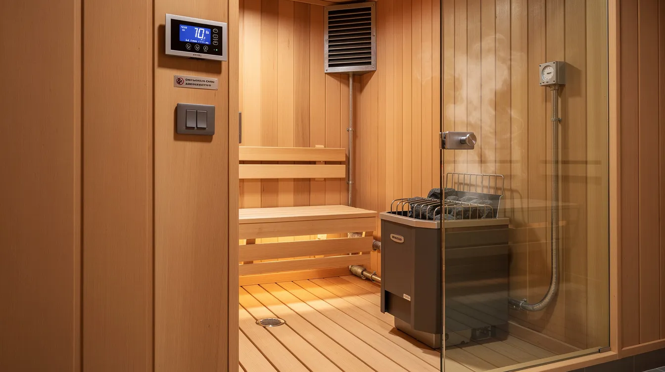 The image depicts a well-designed home sauna room featuring proper electrical installation and ventilation, showcasing elements such as a traditional electric sauna heater and an electrical panel compliant with local building codes. The sauna space is equipped with the necessary electrical setup, ensuring safety and optimal performance for an enjoyable sauna experience.