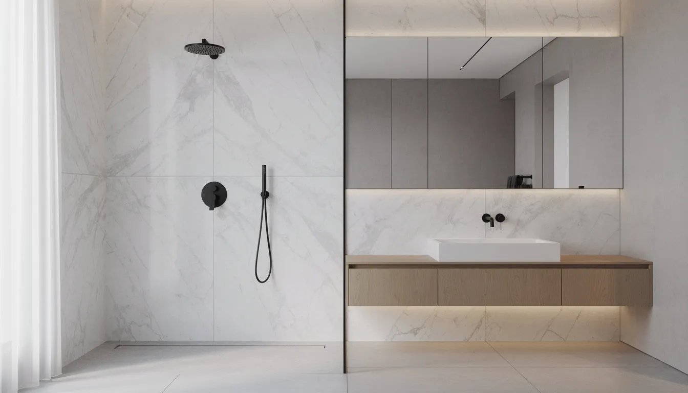 Een moderne badkamer met grote marmerlook wandpanelen, een zwarte douchekraan en een stijlvol houten badkamermeubel. De wandpanelen zorgen voor een luxe uitstraling en zijn onderhoudsvriendelijk, perfect voor vochtige ruimtes.