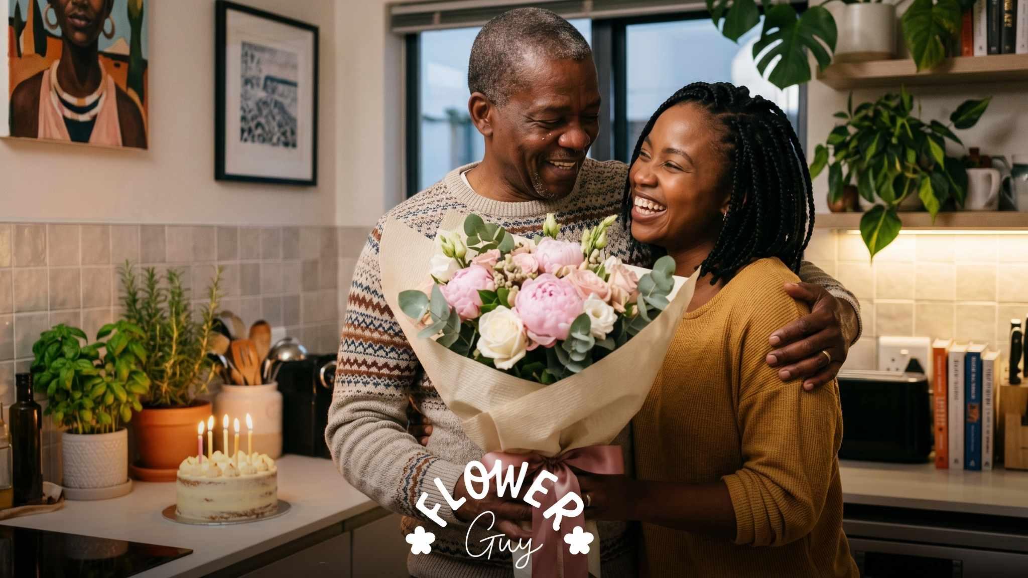 South African dad hugging his adult daughter with a pink peony bouquet, birthday cake and heartfelt happy birthday messages in a Joburg kitchen