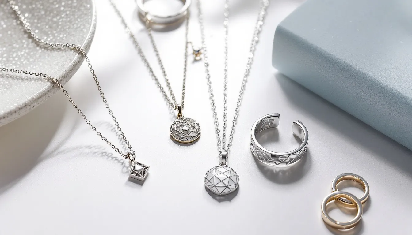 The image showcases a stylish collection of silver fashion jewelry trends, featuring an array of sterling silver earrings, necklaces, and bracelets adorned with sparkling cubic zirconia and colorful gemstones. This full range of jewelry pieces highlights contemporary designs perfect for any occasion, appealing to women who appreciate both classic and modern styles.