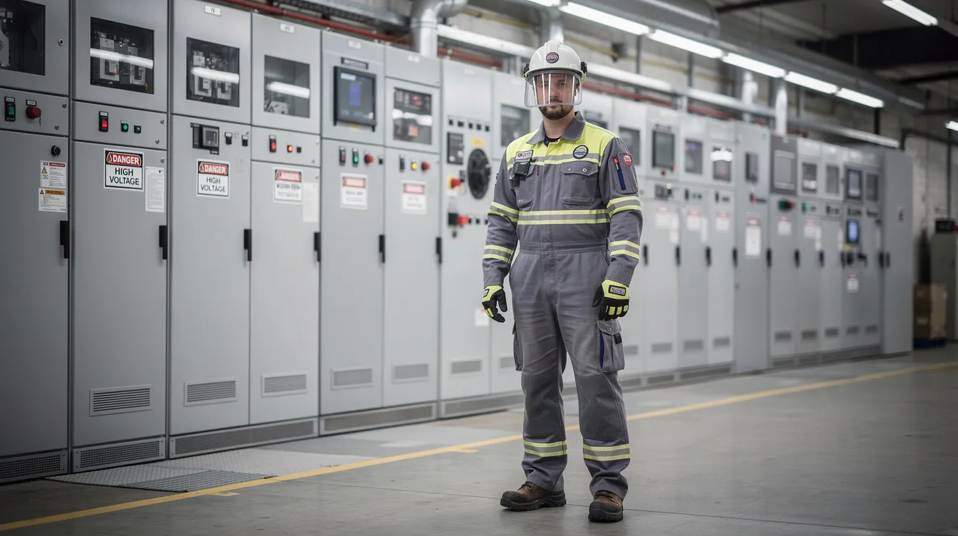 An electrician is wearing specialized protective clothing while working near switchgear, ensuring safety against thermal hazards such as arc flash. The garments are designed to withstand high incident energy levels, providing essential protection in high-risk environments.