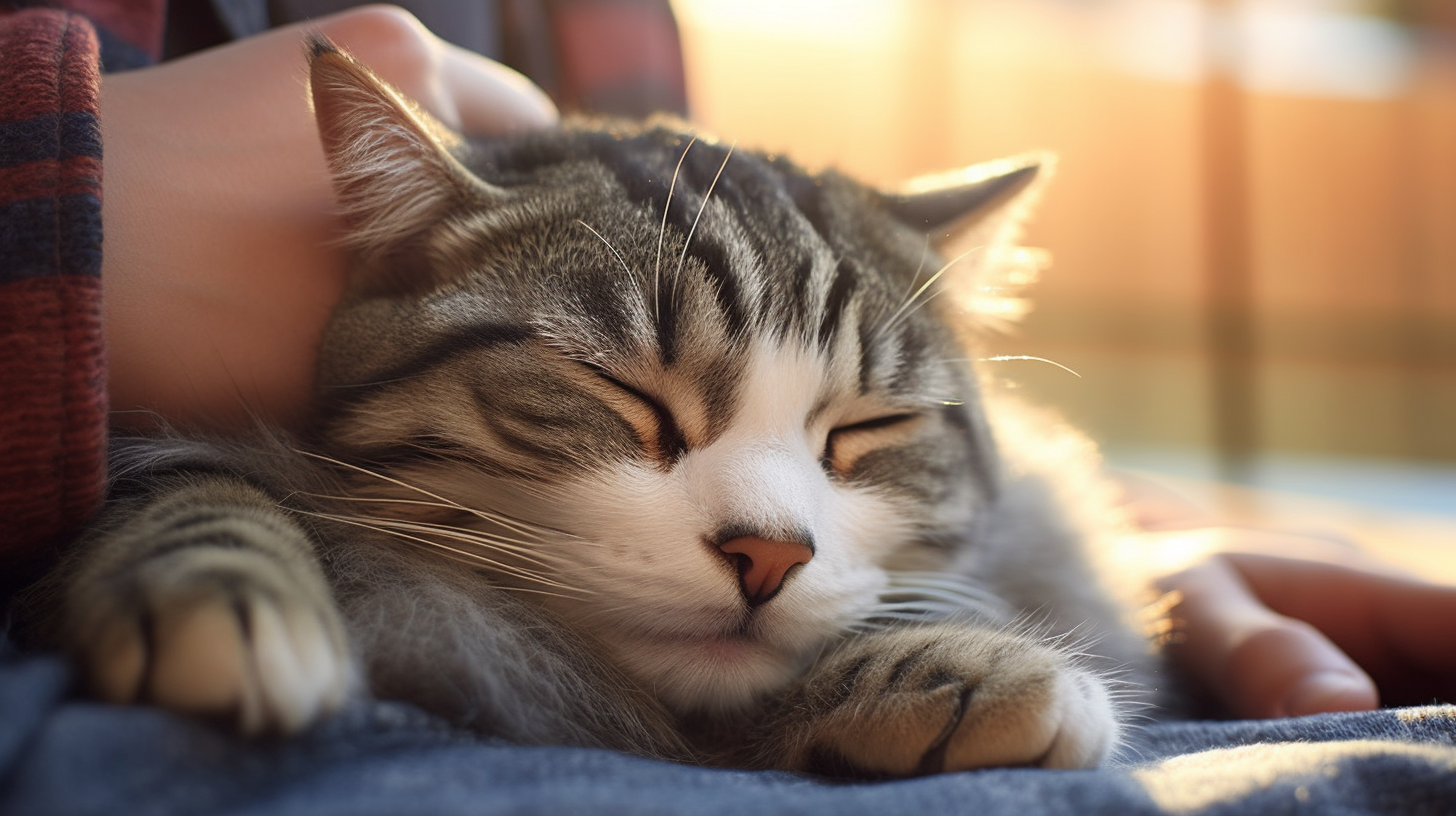 cat with closed eye and relaxed body posture with human petting the cat.