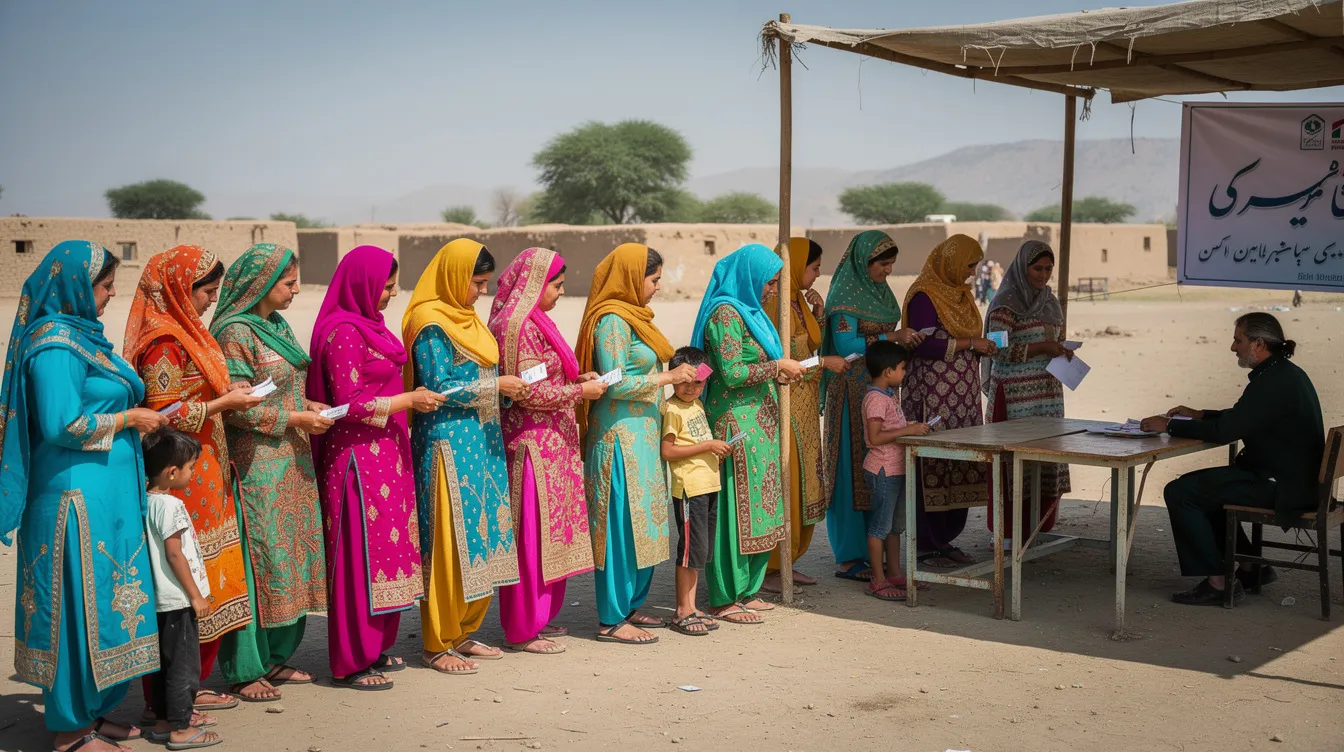 A group of Pakistani women dressed in vibrant, colorful clothing are gathered at an outdoor cash distribution point in a rural setting, participating in the Benazir Income Support Programme. The scene reflects the social protection efforts aimed at providing income support to families in need.
