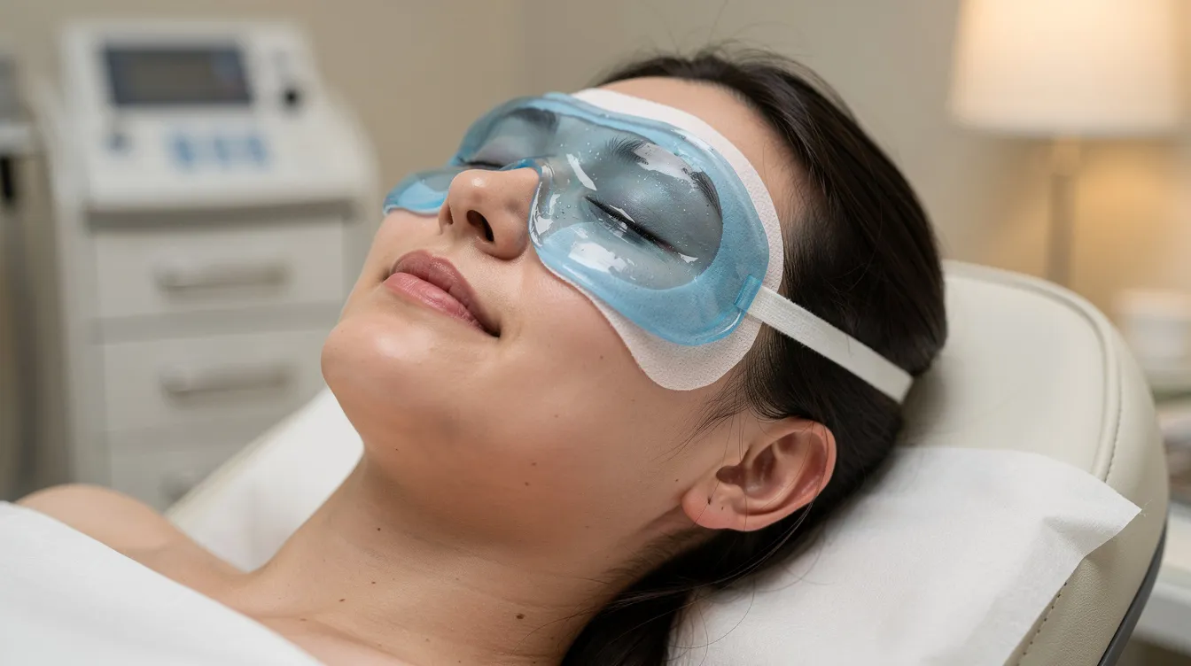 A person is resting with a cooling gel compress gently placed over their closed eyes after undergoing eyelid surgery, specifically lower blepharoplasty. This image captures the recovery process, highlighting the importance of cold compresses to alleviate swelling and bruising during the initial healing phase.