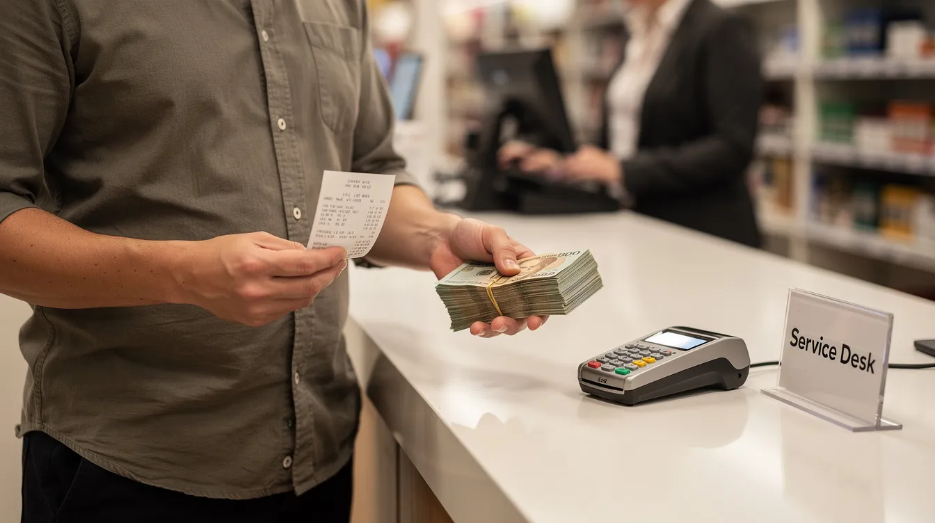 The image shows a person at a service counter collecting cash, holding a receipt in their hand, indicating a completed money transfer transaction. This scene reflects the process of collecting funds through international money transfer services, emphasizing the importance of transparent fee structures and reliable service.