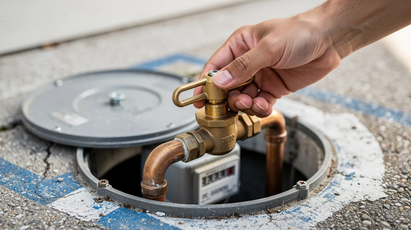 A homeowner's hand is seen turning a brass water shutoff valve located near a residential meter box, indicating a plumbing emergency or a need for plumbing repair. This action is essential for managing water supply issues, which may involve emergency plumbing services or local plumbers to address potential problems like broken water supply pipes.