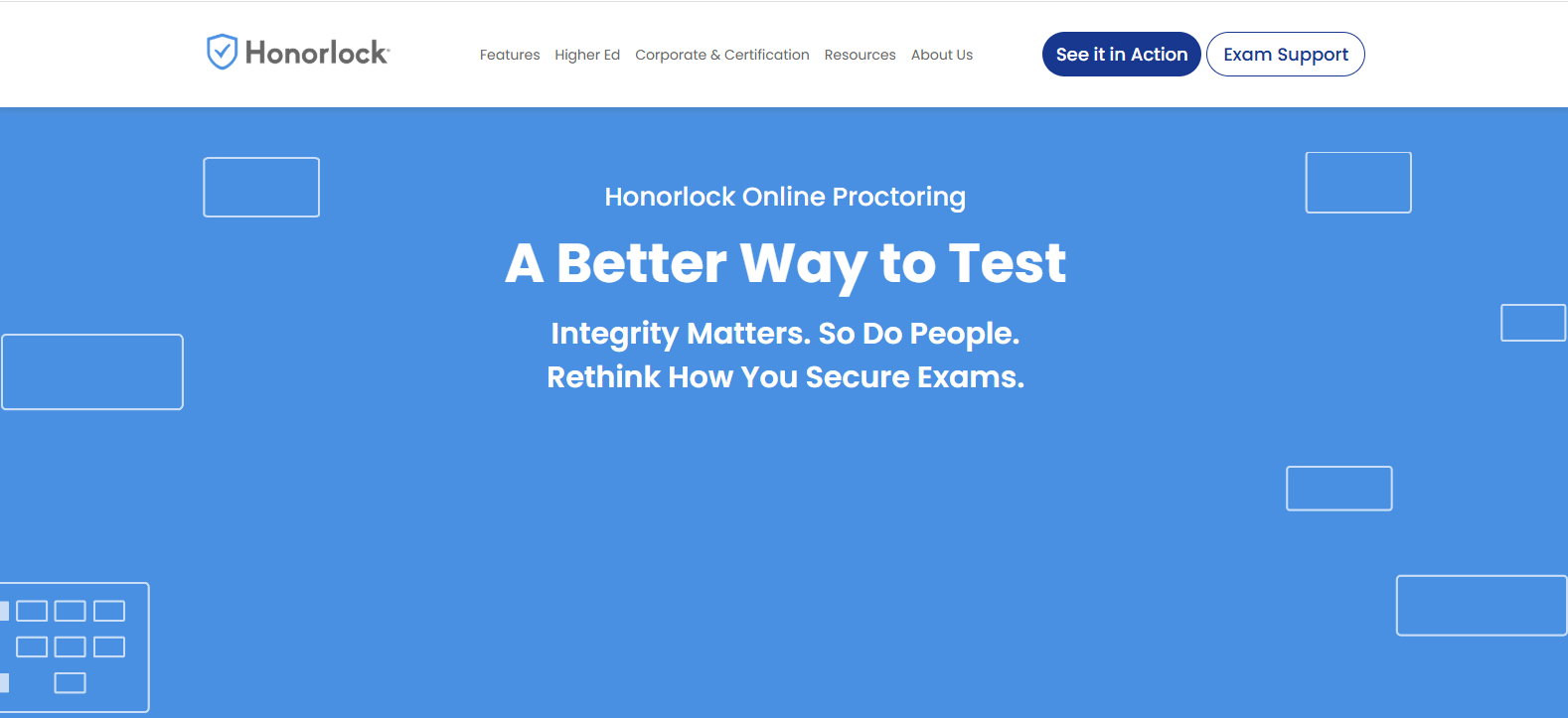 Honorlock homepage showcasing AI-powered online proctoring software with secure remote exam monitoring, identity verification, and academic integrity solutions for higher education.