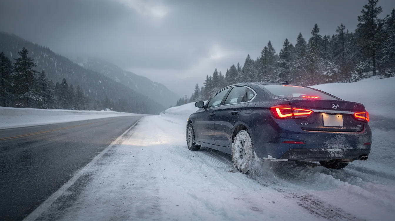 The image shows a car with hazard lights on, pulled to the side of a snowy Colorado highway, displaying a damaged front tire. This scene highlights the potential dangers of road hazards in Colorado, which can lead to serious injuries and property damage in auto accidents.