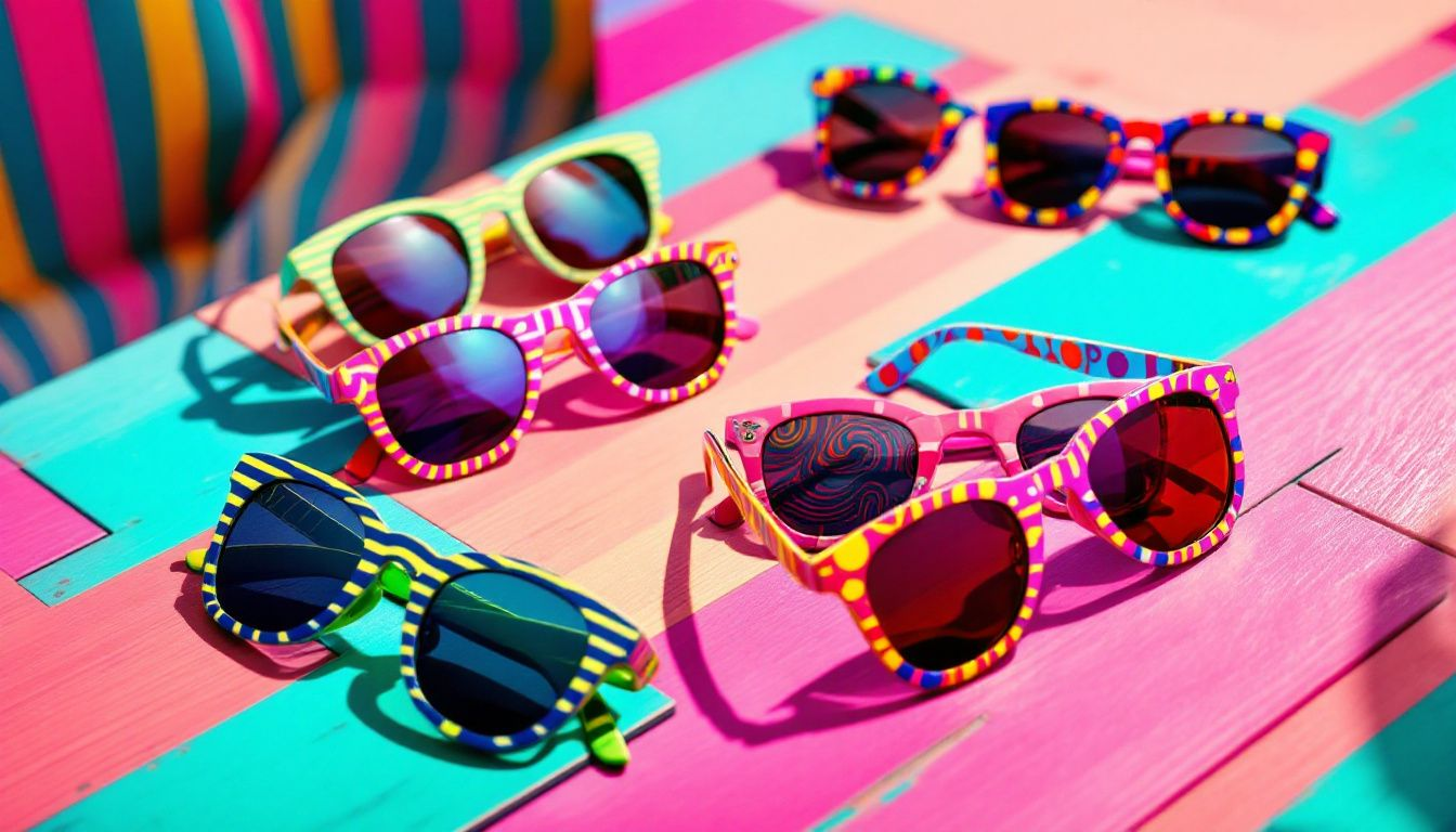 Trendy styles of flip up sunglasses displayed on a table.