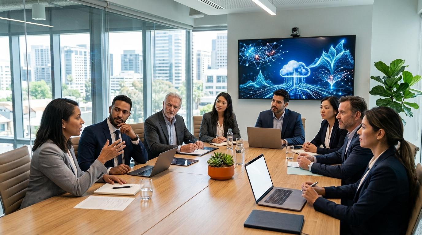 Business professionals and university administrators discussing cloud-based education technology around a conference table, with subtle visual cues of growth, scalability, and long-term value.