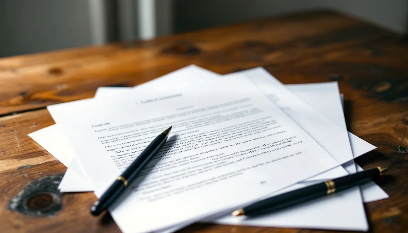 Een bureau met juridische documenten en een pen, wat suggereert dat iemand bezig is met het aanvragen van een scheiding of het indienen van een verzoekschrift. De documenten kunnen betrekking hebben op zaken zoals echtscheiding, gezamenlijke verzoeken of afspraken over minderjarige kinderen.