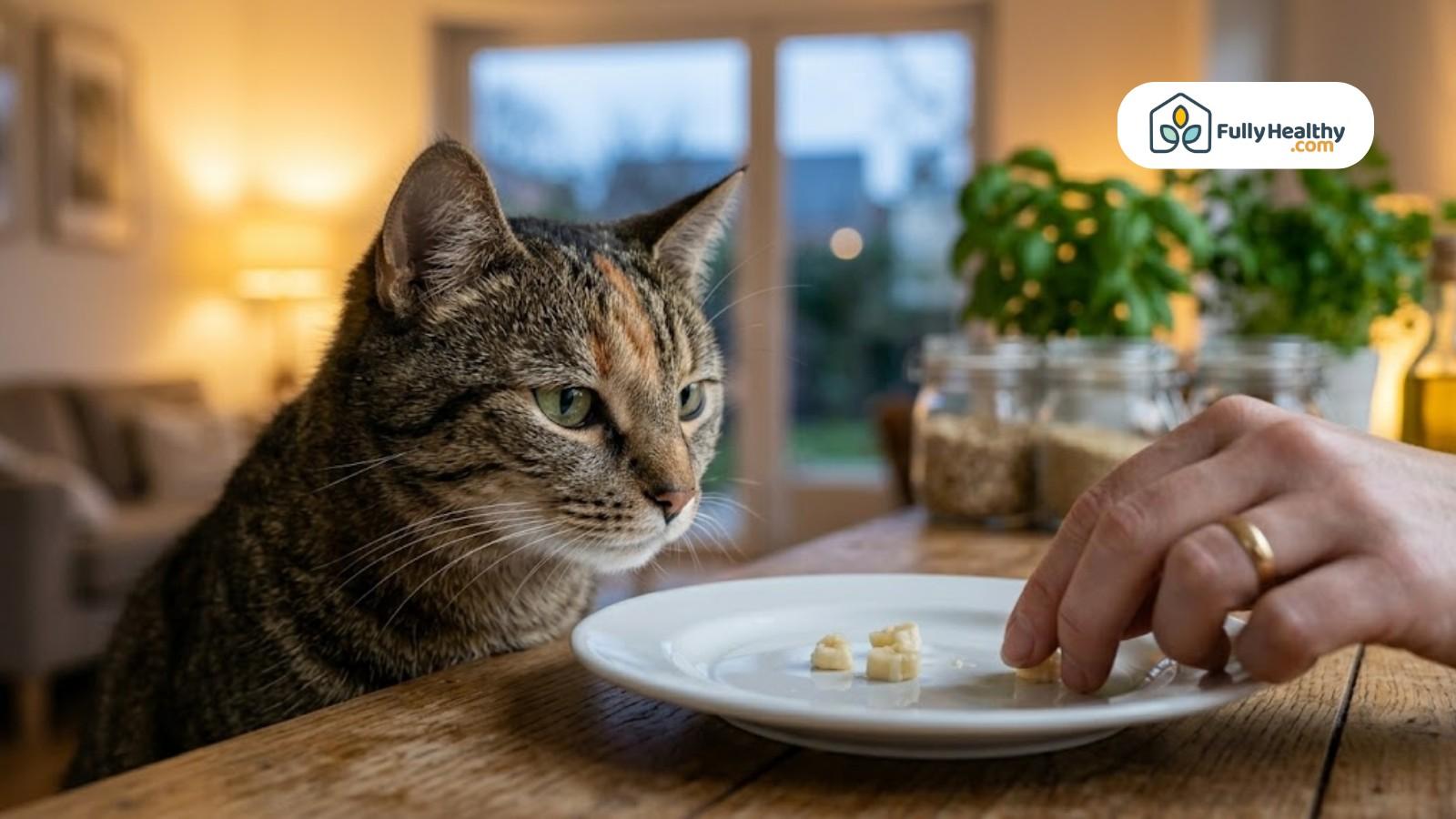 Curious cat watching hand offer small banana pieces on plate