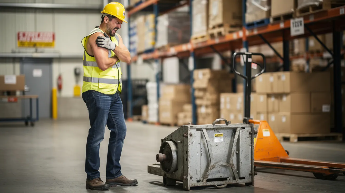 An injured worker is seen holding their shoulder in discomfort after lifting heavy equipment, highlighting the risk of shoulder injuries in physically demanding jobs. This image emphasizes the importance of understanding workers compensation benefits and the process for filing a shoulder injury claim in Colorado.