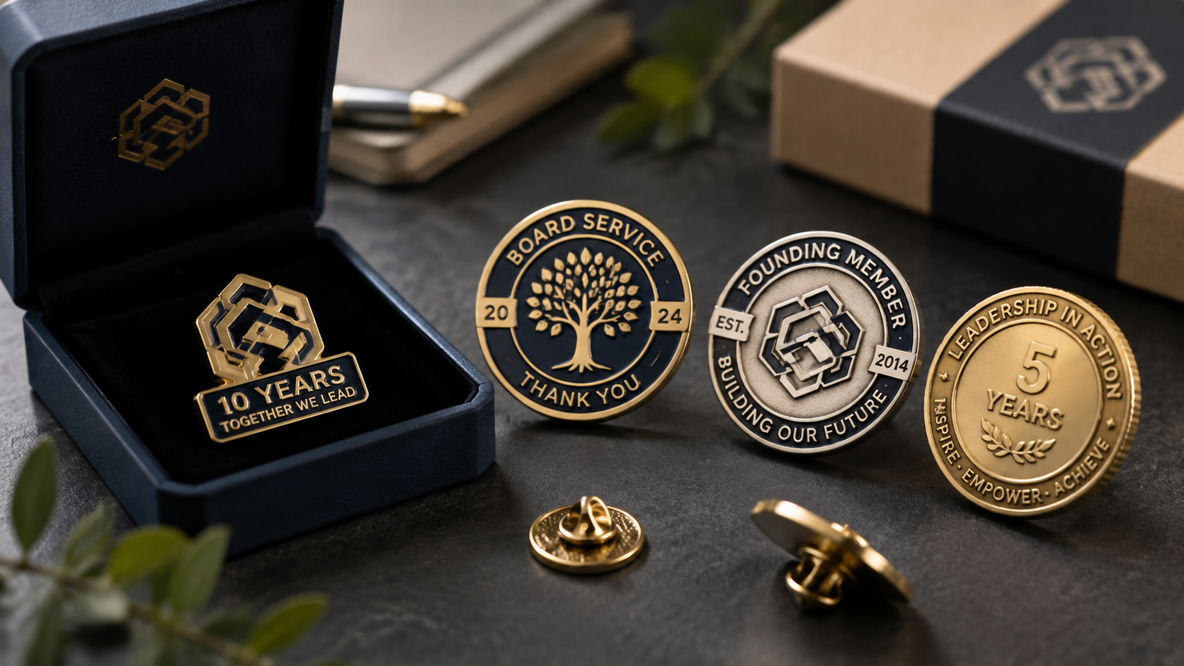Commemorative service pins and custom coins marking leadership anniversaries and board milestones