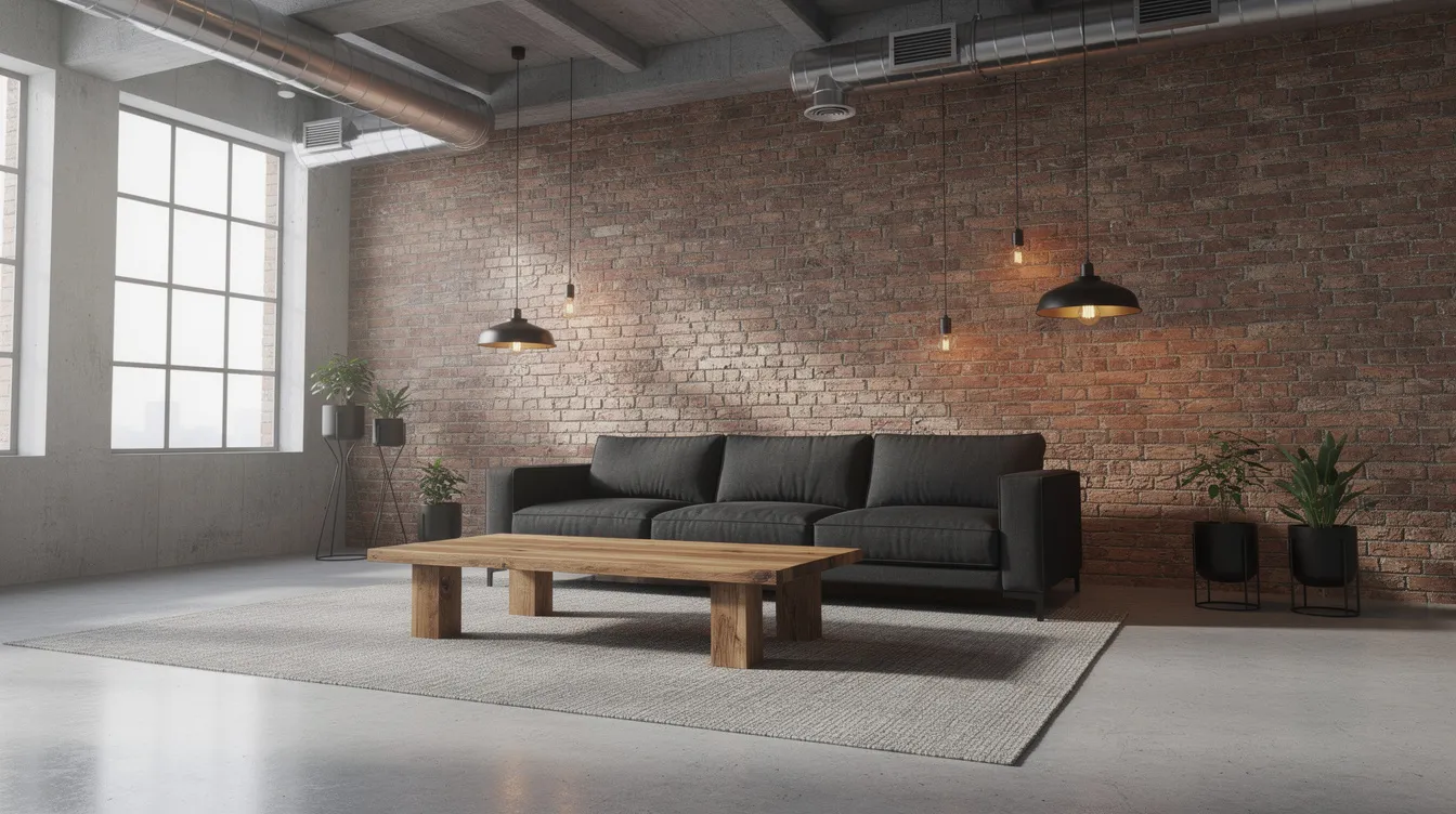 Przestronny salon w stylu loftowym z ciemną kanapą industrialną, umieszczoną na tle surowej, ceglanej ściany. Wnętrze uzupełniają metalowe lampy oraz drewniany stolik, co nadaje mu charakterystyczny, minimalistyczny design.