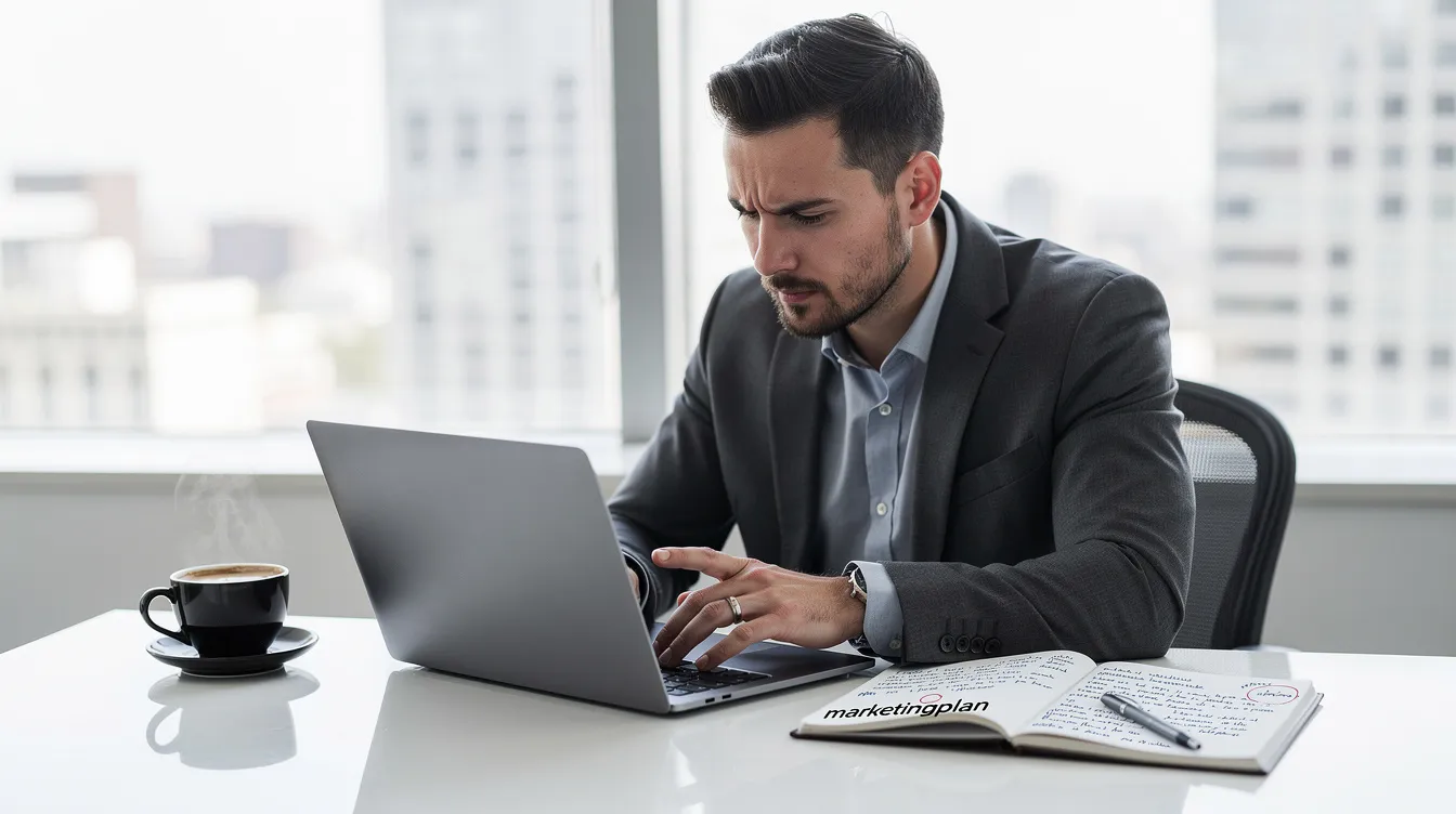 Een ondernemer zit achter een laptop, omringd door een notitieboek en een kop koffie, terwijl hij werkt aan een marketingplan. De focus ligt op de 7 p's van de marketingmix, zoals product, prijs en promotie, om de behoeften van de klanten en de markt te begrijpen.