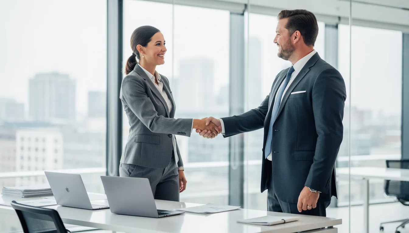 The image depicts two professionals shaking hands in a modern office, symbolizing collaboration and partnership, which is essential in a website redesign project aimed at enhancing user experience and meeting business objectives. The contemporary office setting reflects a focus on user engagement and the importance of aligning with current design trends.