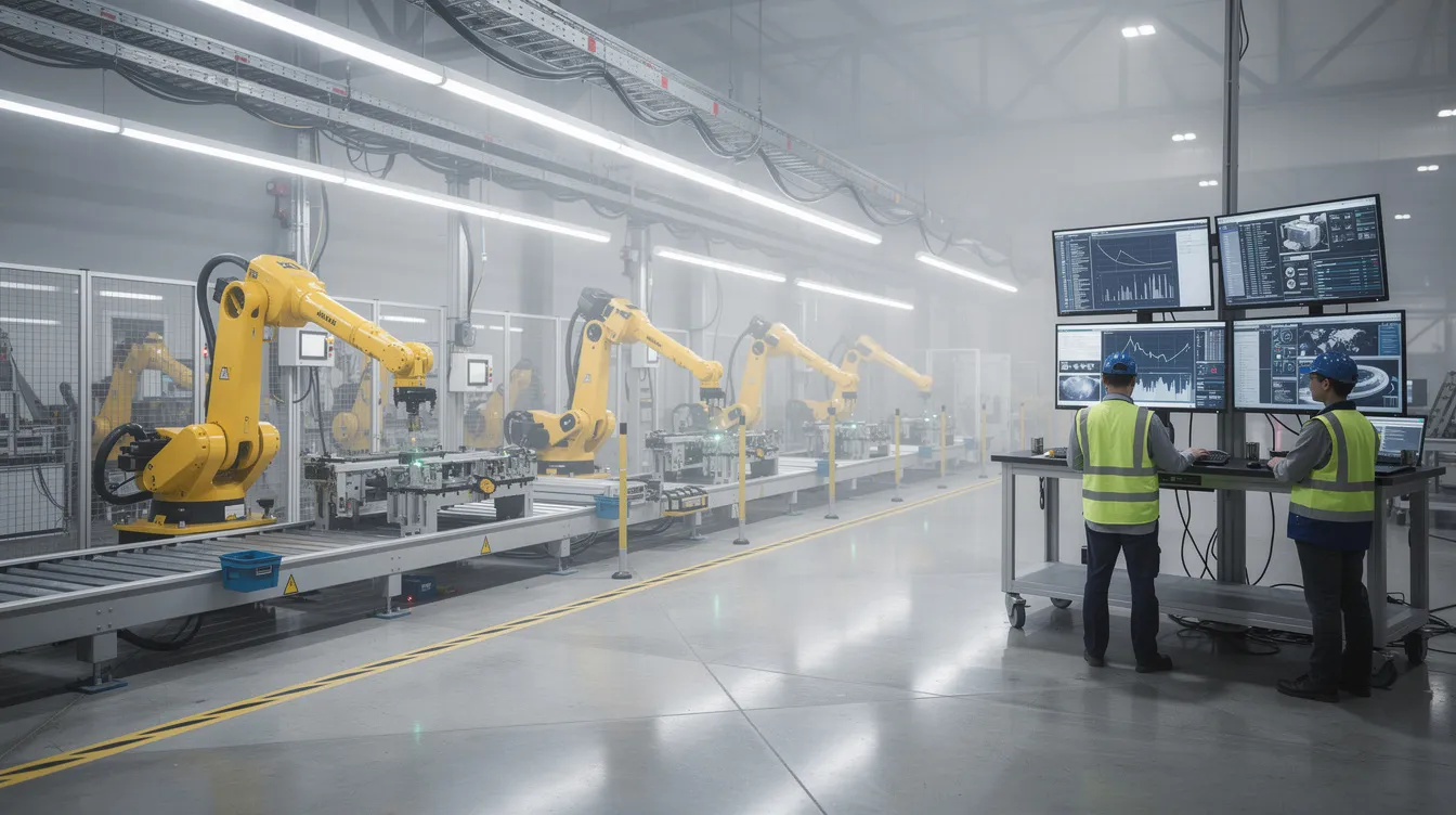 The image depicts a modern automated manufacturing floor featuring robotic arms actively assembling products, while workers monitor screens displaying data and analytics. This setting reflects the evolving job market where tech skills and continuous learning are essential for Gen Z workers seeking meaningful work and career development in a tech-driven environment.