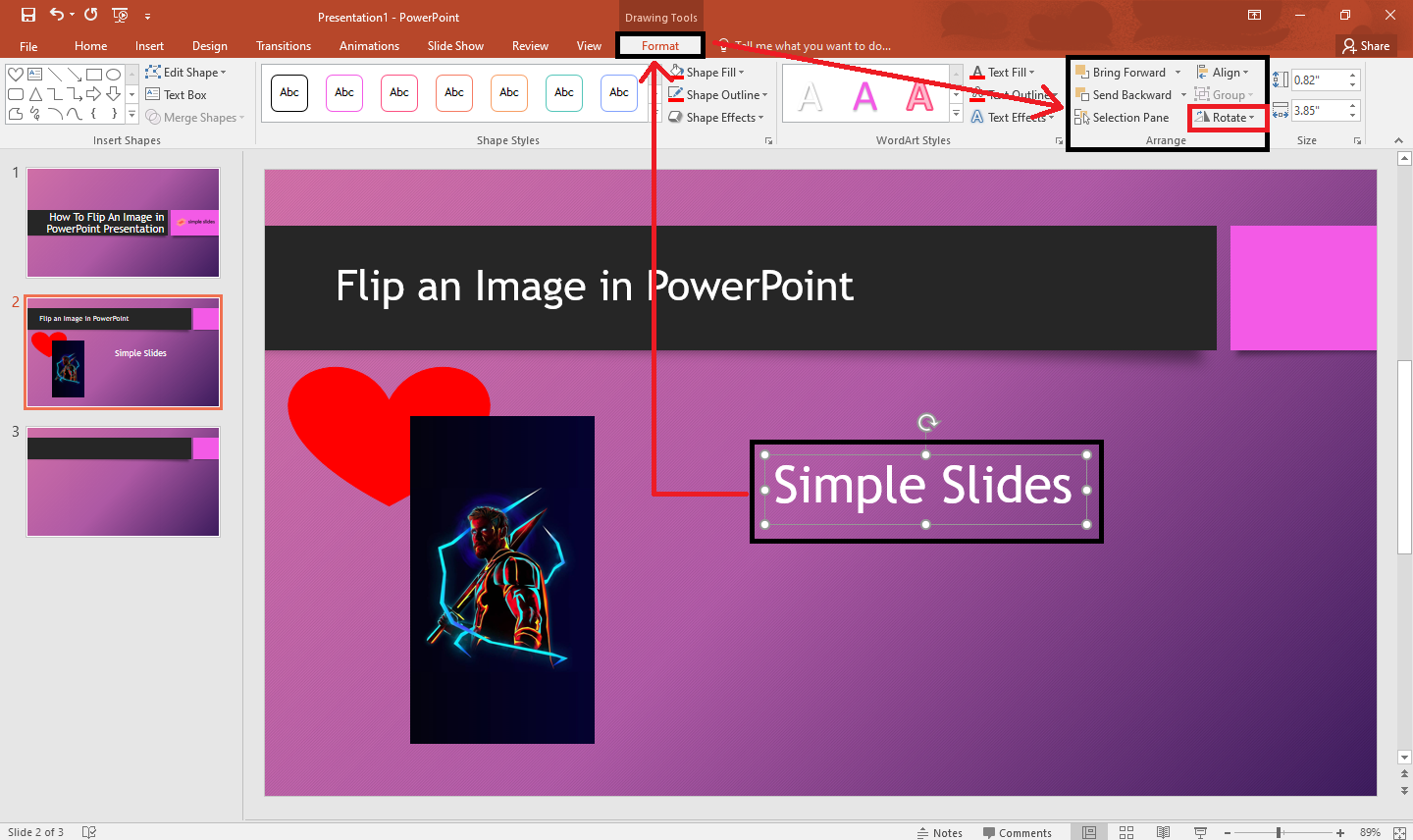 In the Format tab, navigate and select "Rotate" in the Arrange group.