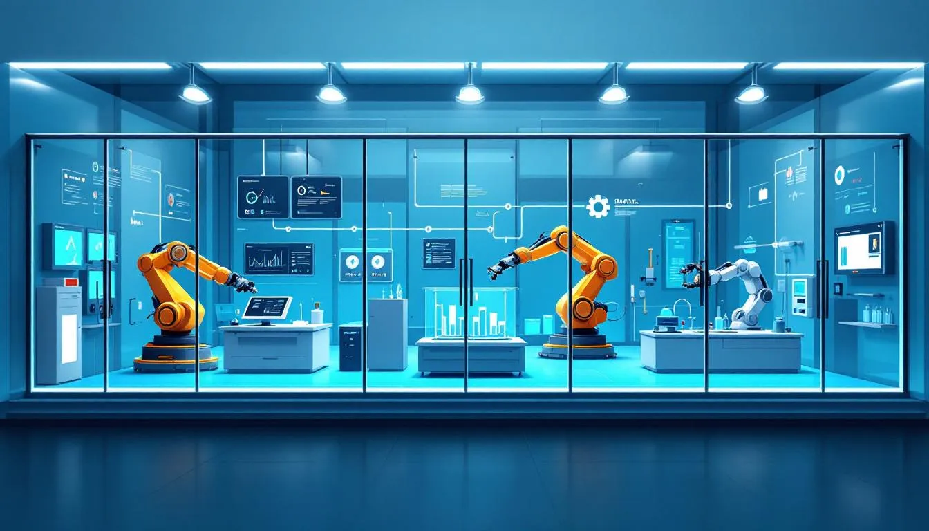 An illustration highlighting enhanced safety and working conditions in a laboratory with automation systems.