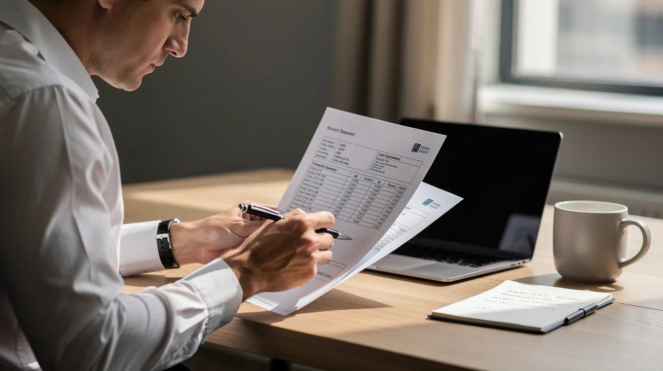A person is sitting at a desk, carefully examining official banking documents with a pen in hand, possibly related to their eligibility criteria for mudra loans or the repayment period of previous loans. The scene conveys a sense of diligence and focus on financial matters, essential for managing micro enterprises or availing loans under the Pradhan Mantri Mudra Yojana.