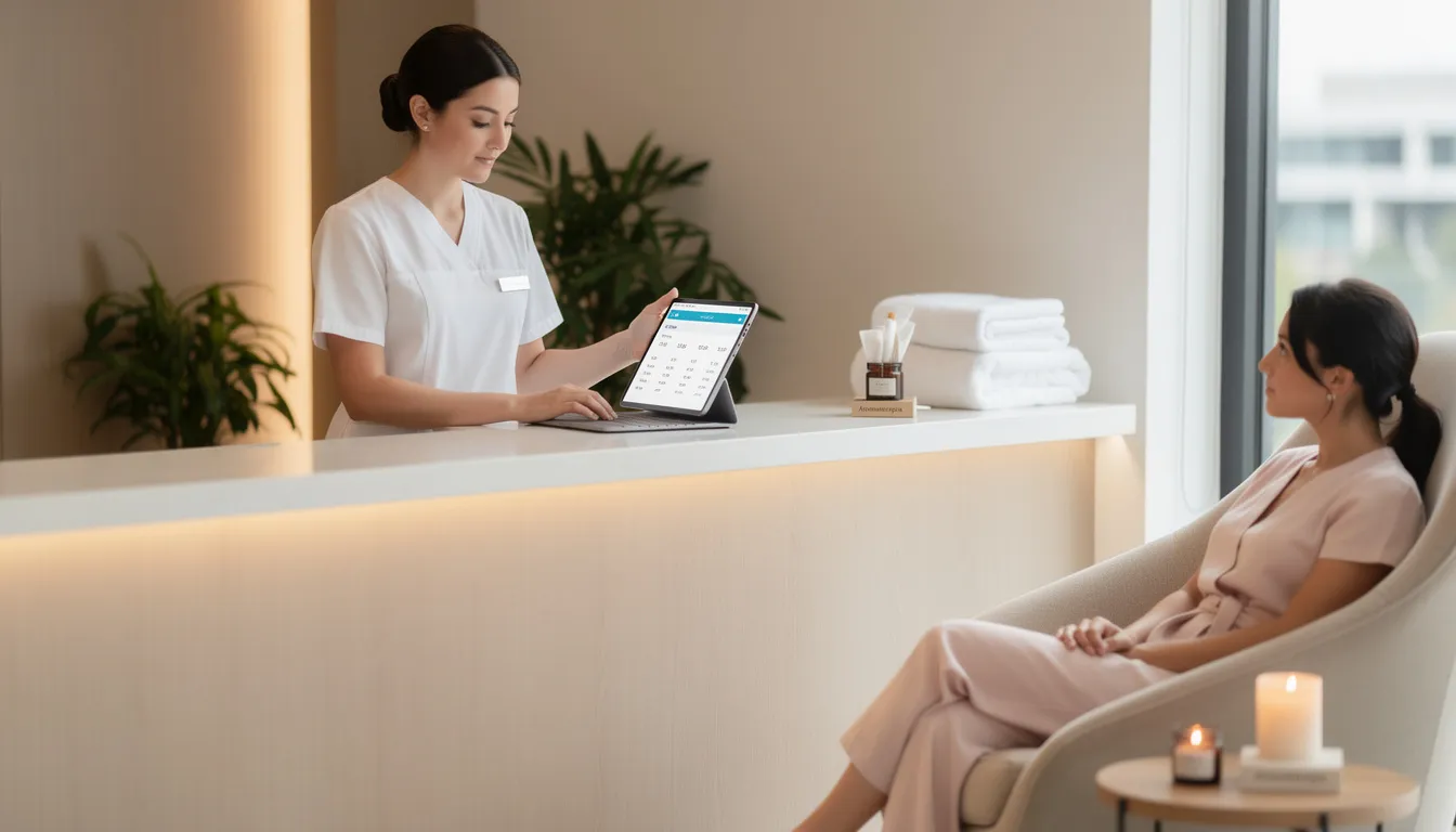 Una recepcionista de spa utiliza una tablet para gestionar citas y reservas mientras un cliente espera en un ambiente moderno y relajado. Este sistema permite una automatización eficiente de las interacciones a través de WhatsApp, mejorando la experiencia del usuario.