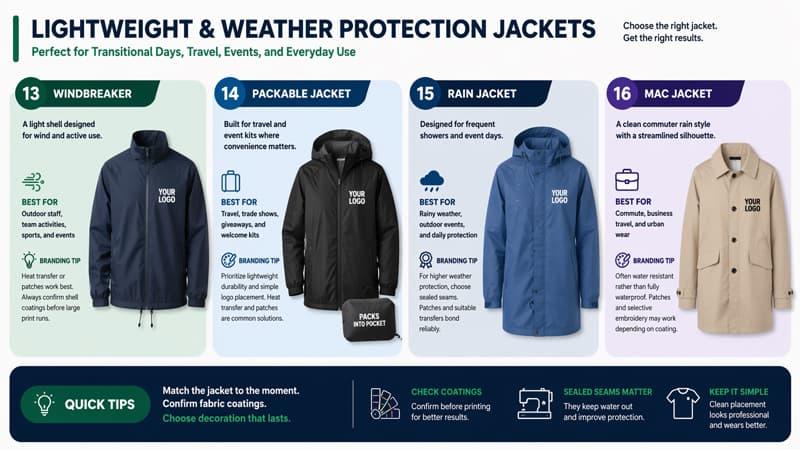 Lightweight and weather protection jacket types infographic with windbreaker, packable, rain, and mac jacket styles