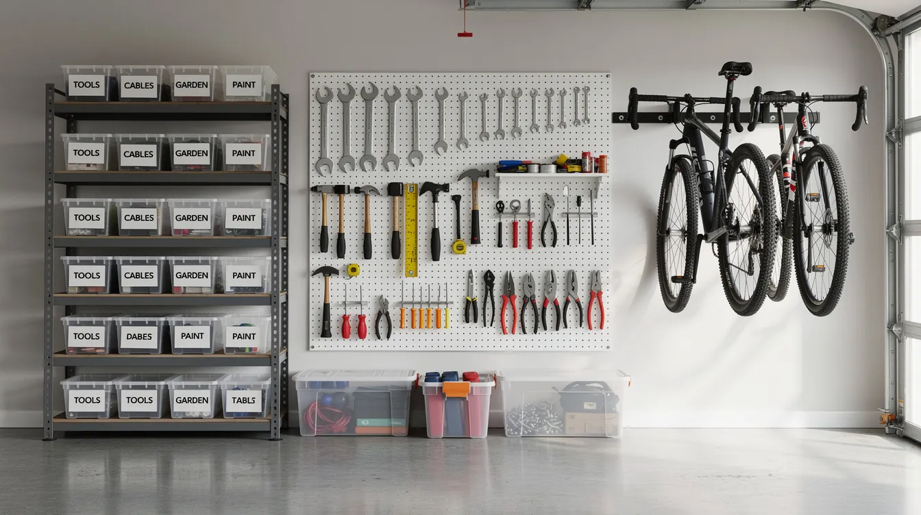 Organized garage wall with pegboard tools, labeled storage bins on shelves, and bikes hanging from hooks