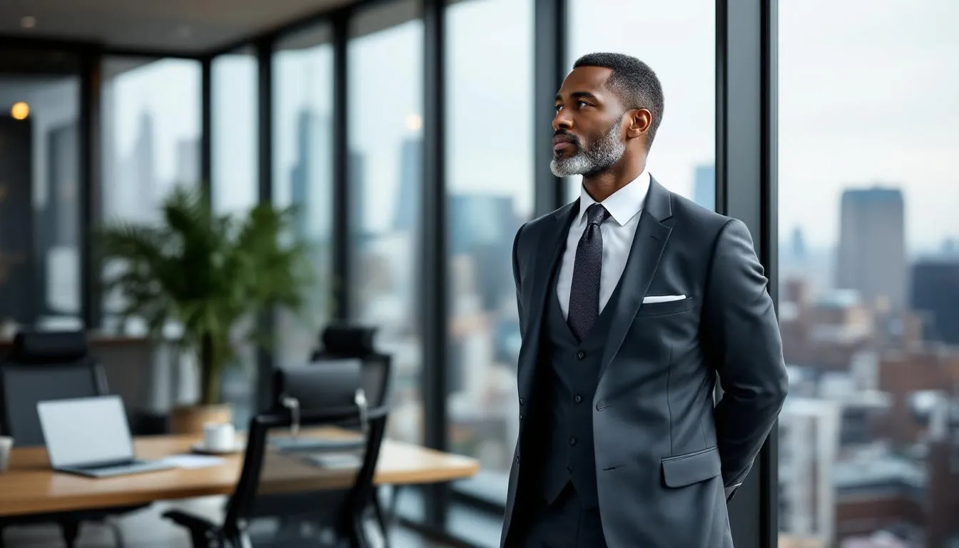 The image features a confident business owner whois standing proudly in their New York office, symbolizing success after securing funding to grow their business and visitors. This moment reflects the importance of transparency and trust in the financial world, as they navigate the risks and opportunities of investing in their future.