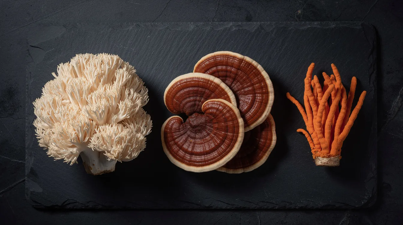 The image shows fresh lion's mane, reishi, and cordyceps mushrooms neatly arranged side by side on a dark slate surface, highlighting their unique textures and colors. These medicinal mushrooms are known for their potential health benefits, including support for brain health and the immune system.