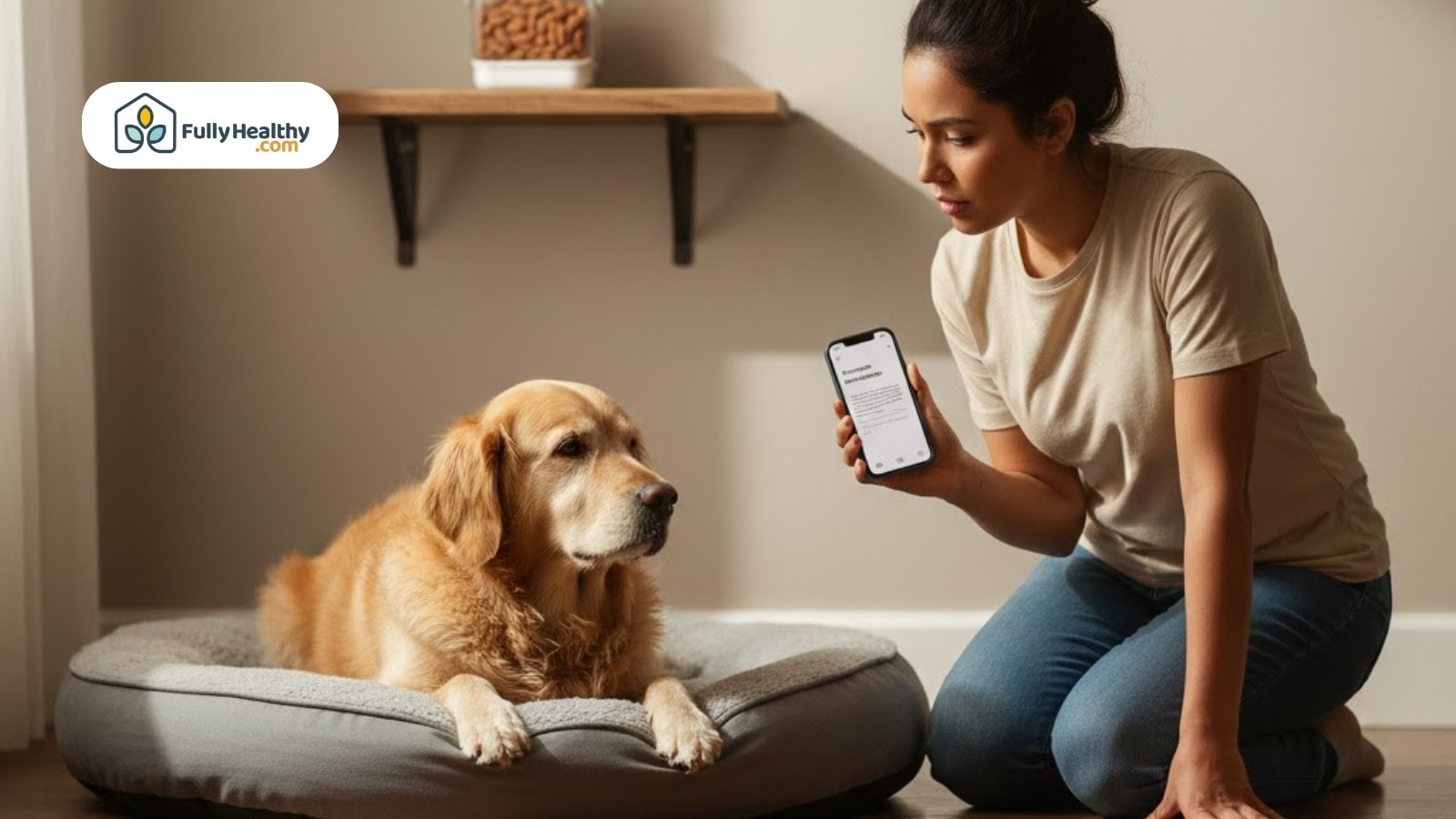 Woman showing phone to golden retriever resting on dog bed