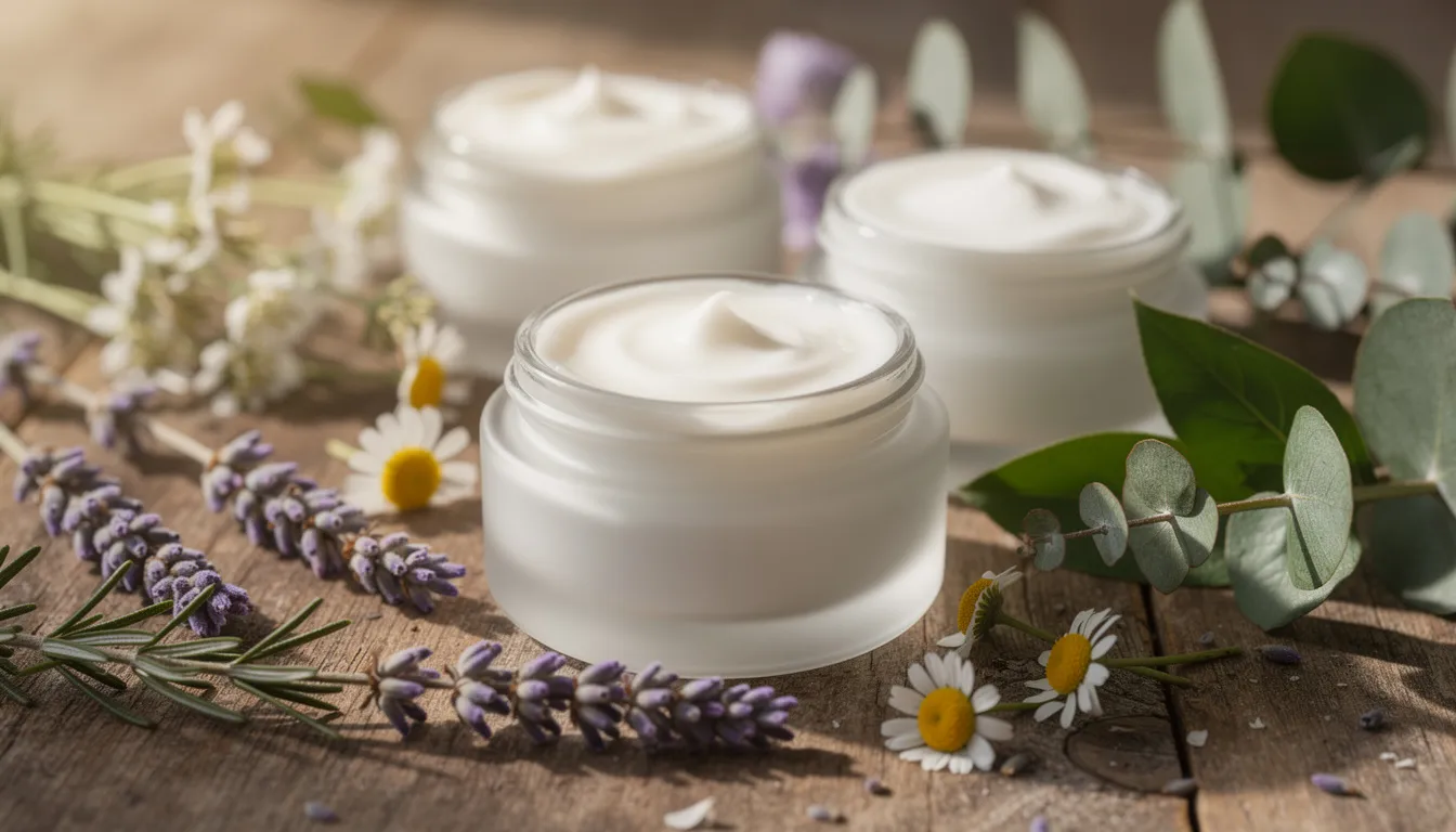 The image features glass jars filled with botanical creams made from organic ingredients, surrounded by fresh herbs and vibrant flowers on a rustic wooden surface. This arrangement highlights the natural beauty and clean ingredients of the skincare products, emphasizing their nourishing and cruelty-free qualities.