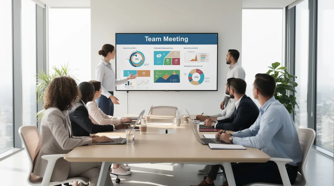 In einem hellen Büro findet ein Team-Meeting statt, bei dem mehrere Personen gemeinsam auf einen großen Bildschirm schauen. Die Atmosphäre ist konzentriert und kommunikativ, während die Teilnehmer Informationen austauschen und ihre Aufgaben besprechen.