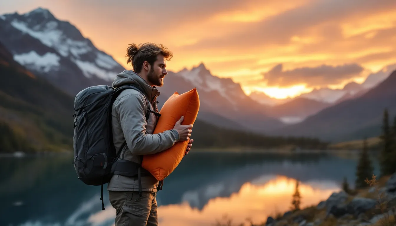 A backpacker is seen inflating a camping pillow beside a serene mountain lake during sunset, with vibrant colors reflecting off the water. The scene captures the essence of outdoor adventure, highlighting the use of an inflatable pillow for a comfortable night's sleep while backpacking.