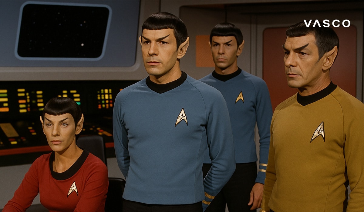 Officers in blue and gold uniforms on the bridge
