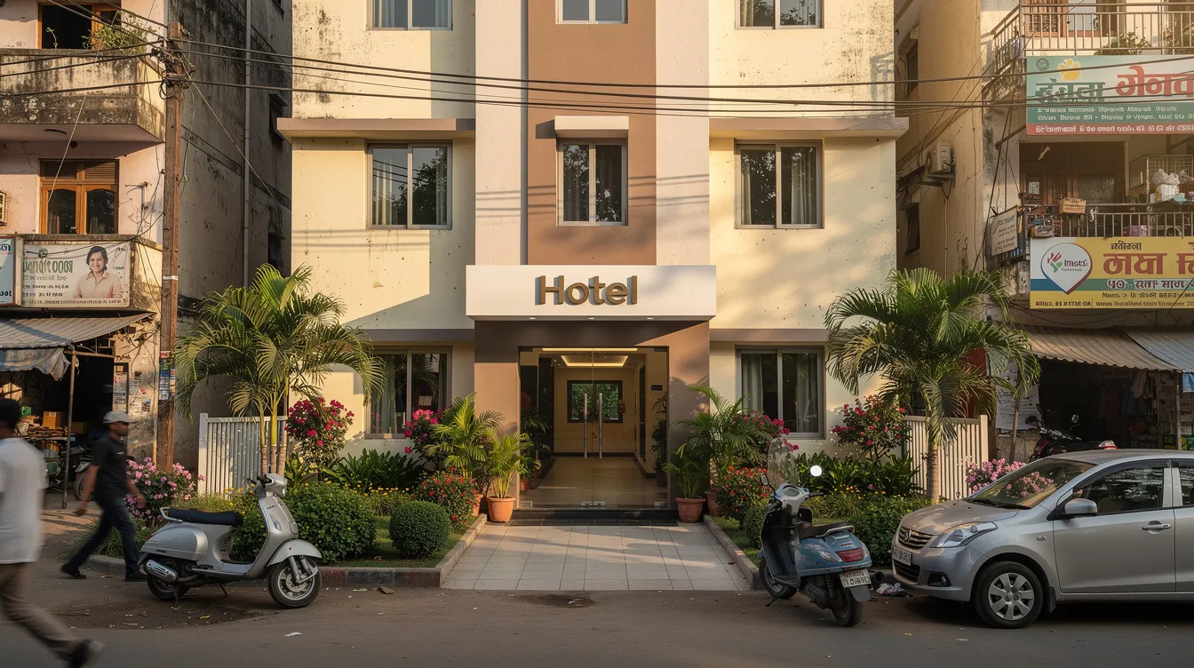 The image depicts the exterior of a small budget hotel in an Indian city, featuring a well-landscaped entrance that enhances its appeal. This hotel is likely focused on maintaining a healthy financial performance, with attention to factors such as operating expenses and room revenue to ensure profitability in the competitive hospitality industry.