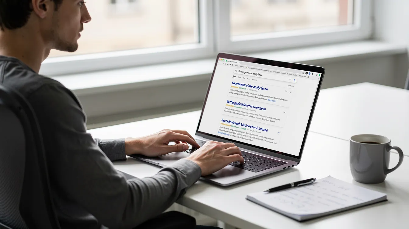 Eine Person sitzt an einem Laptop und analysiert die Google Suchergebnisse auf dem Bildschirm, um die Sichtbarkeit ihrer Webseite zu verbessern. Sie prüft die Meta-Beschreibungen und Titel, um ihre Snippet-Optimierung zu optimieren und die Klickrate zu erhöhen.