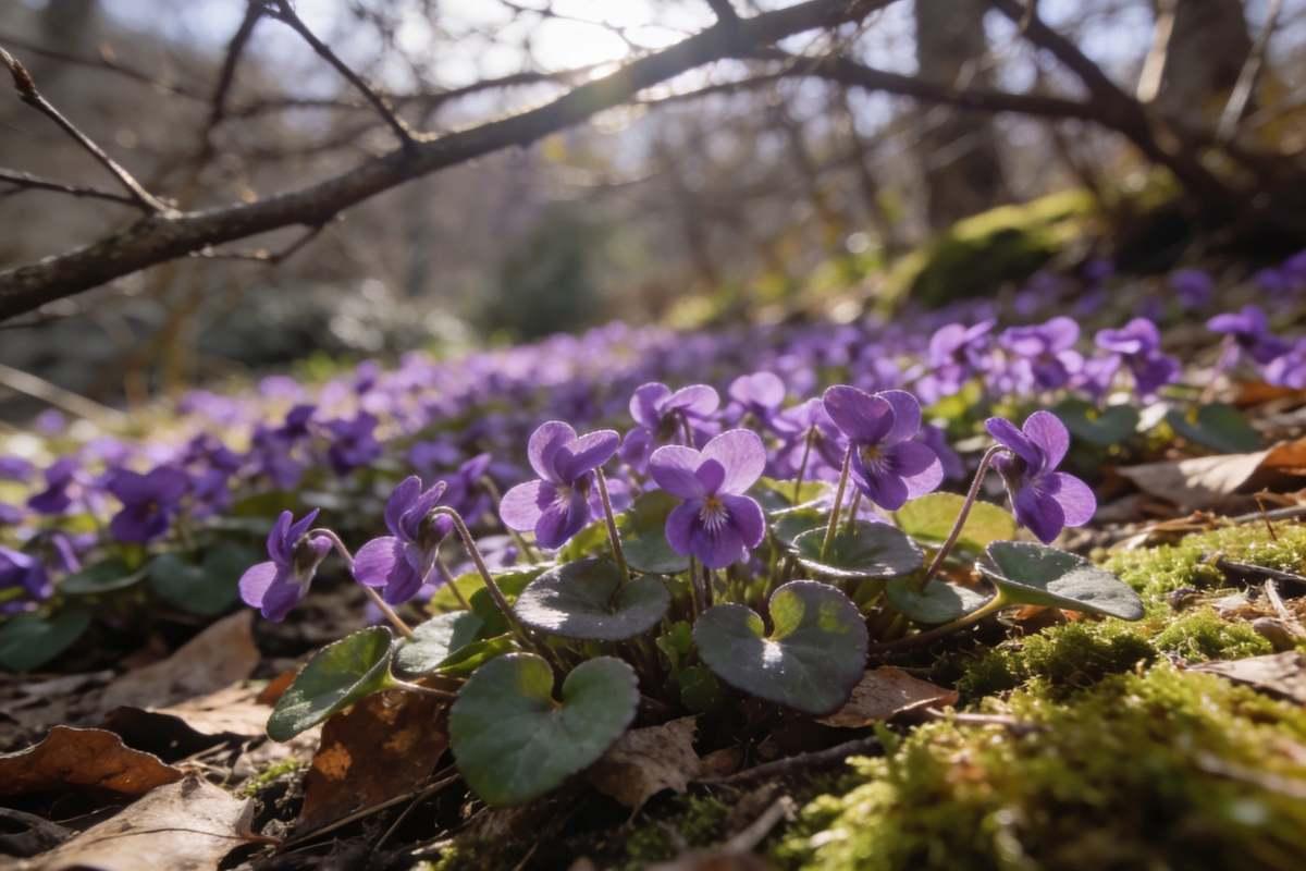 Purple violets growing naturally in a shaded woodland garden in early spring