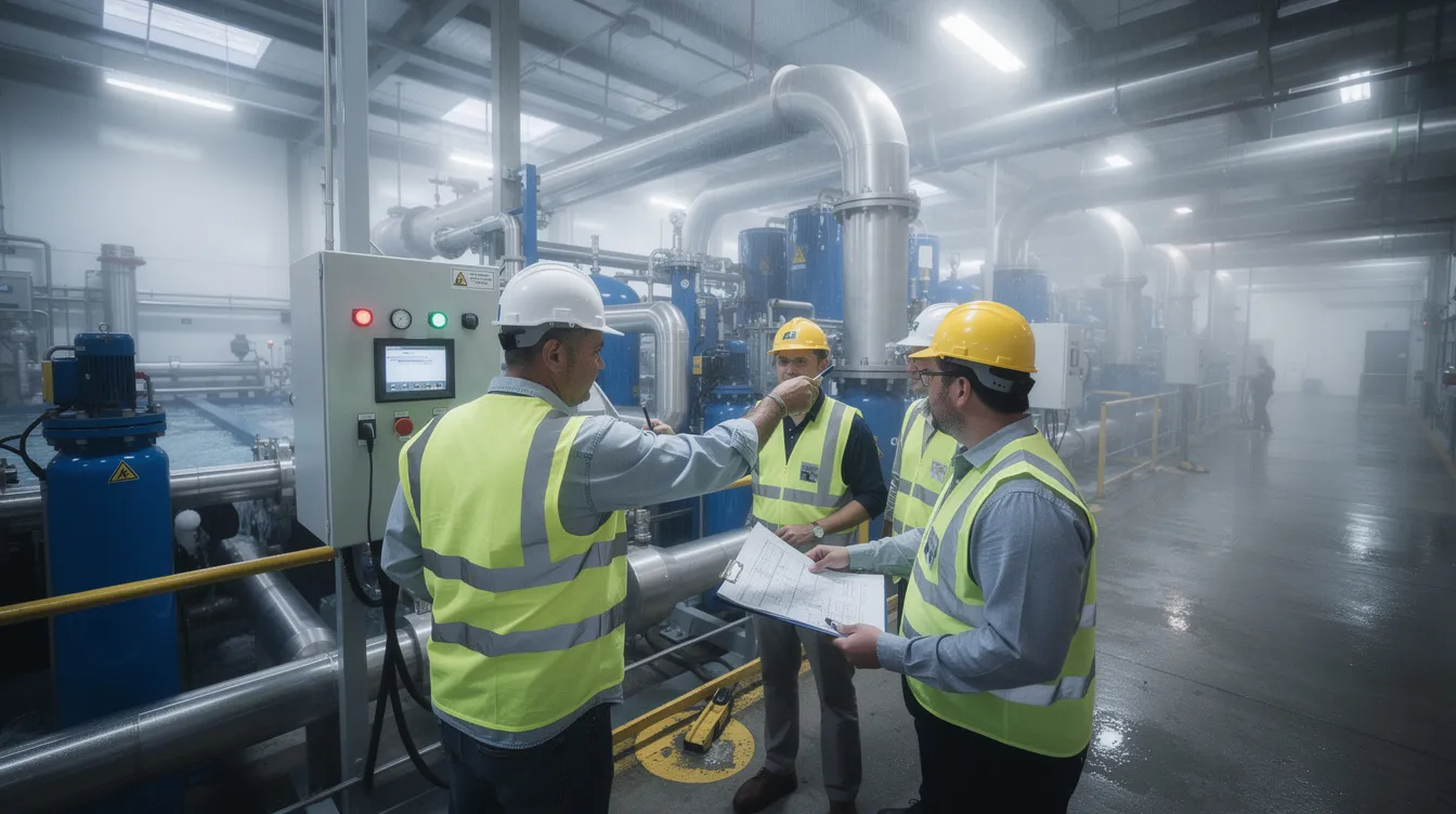 A group of industrial workers, equipped with personal protective equipment and safety helmets, is inspecting heavy machinery at a water treatment facility. They are engaged in the risk management process, assessing potential safety hazards and implementing control measures to minimize risks to human health and public safety.